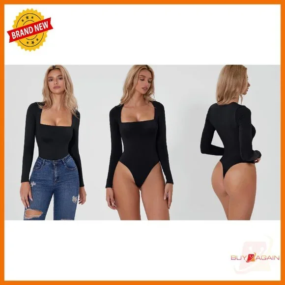 Long Sleeve Square Neck Bodysuit Double Lined Polyamide Shirt Top